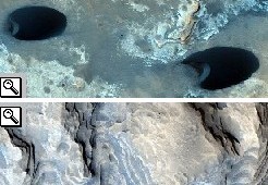 Strutture e rialzi stratificati presenti nella Arabia Terra fotografate dalla sonda Mars Reconaissance Orbiter, i cerchi neri sono l'imboccatura di pozzi