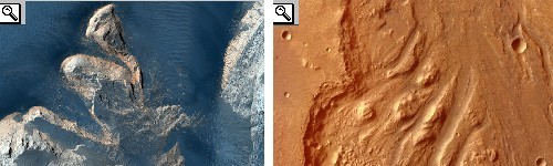 Foto a sinistra del terreno caotico denominato Aureum Chaos  e delli canali di deflusso denominato Ares Vallis a destra
