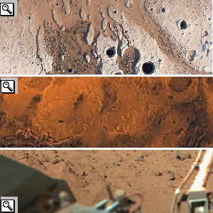 Foto del bacino sud della Chryse Planitia, dei canali di deflusso dalle Chasmas della  Valles Marineris e del suolo fotografato dalla sonda Viking 1