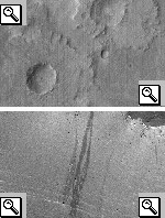 Fotografie effettuate dalla Mars Global Surveyor dello Shiapparelli Crater, dei crateri a piedistallo presenti all'interno del Tikhonravov Crater e delle strutture scure presenti sui suoi pendii, che variano di colore nel tempo