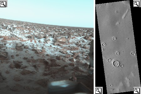 Foto dell'Utopia Planitia del Viking, 1993, a sinistra e del Mars Reconaissance Orbiter a destra, 2010; dettaglio di uno dei tumuli e di uno dei crateri non da impatto