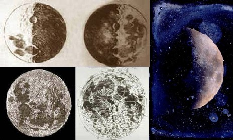 In alto a sinistra il disegno della Luna di Galileo presente nel Sidereus Nuncius del 1610, in basso a sinistra prima la mappa disegnata da Cassini, poi quella disegnata da Riccioli; a destra un dagherrotipo della Luna del 1851