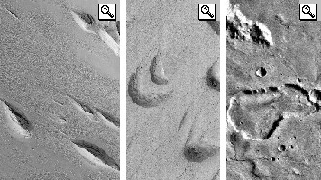 Immagini del Medusae Sulci a sinistra, dell'Apollinaris Sulci al centro e dell'Anseris Cavus a destra.