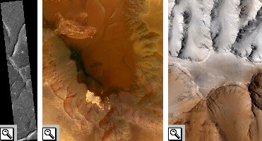 Foto dell Cydonia Labirinthy a sinistra, della Juventae Chasma al centro e delle stratificazioni dei sedimenti che si trovano in fondo alla Coprate Chasma, a destra.
