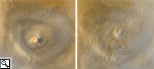 Foto del Mars Global Surveyor prese rispettivamente nel giugno 2001 e nell'aprile 2003 della nube di polvere sopre l'Arsia Mons.