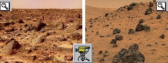 Il suolo marziano, a sinistra foto del 1999 del rover Pathfinder, a destra foto del 2006 del rover Spirit; inoltre filmato dell'ESA che mostra la superficie di Marte in 3D utilizzando le foto prese dalla sonda Mars Express.