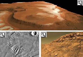 Foto della Tenuis Rupes in 3D in alto, della Scilla Scopulis, nella regione di Xante, in basso a sinistra, e della Scopuli dell'Endurance Crater in basso a destra.