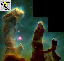 piloni gassosi in M16 e zoomata in dettaglio sulla zona di formazione stellare