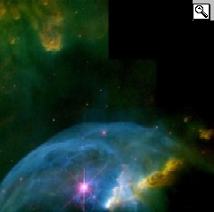 La Nebulosa Bolla, nella costellazione Cassiopea (6 anni luce da noi); la bolla è causata dallo scontro tra la materia in quiete della nebulosa e il vento stellare a 2000 km/s prodotto dalla stella centrale (40 volte il Sole).