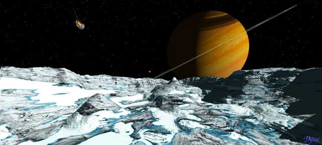 Come si immaginava fosse la superficie di Dione; sullo sfondo ci sono Saturno e la sonda Cassini