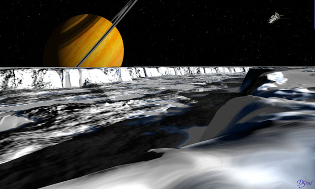 Come si ipotizzava fosse la superficie di Teti nella Chasma Ithaca; sullo sfondo Saturno e la sonda Cassini