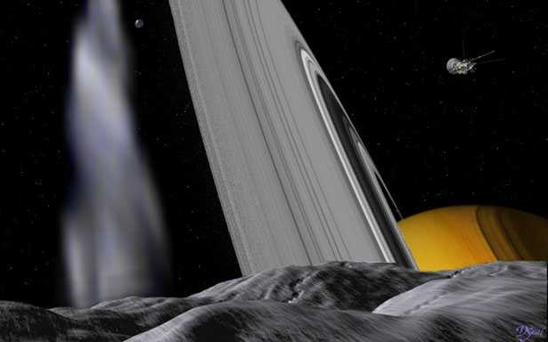 Disegno su come avrebbe dovuto essere la superficie di pandora; sullo sfondo sono visibili Saturno e la sonda Cassini
