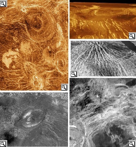 Insieme di mmagini di aracnoidi, della Sacajewa Patera, della corona Idem-Kuva, della tessera della Ishtar Terra e di una nova della Guinevere Planitia