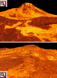 Due immagini 3d del Maat Mons, in quella in alto è stata alterata l'altezza per vedere i flussi di lava fuoriusciti